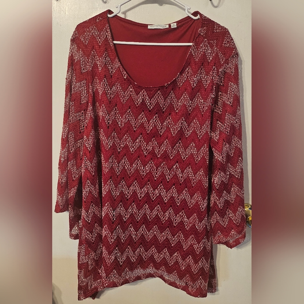 Notations Red Graphic Blouse 3/4 Sleeve Relaxed Fit